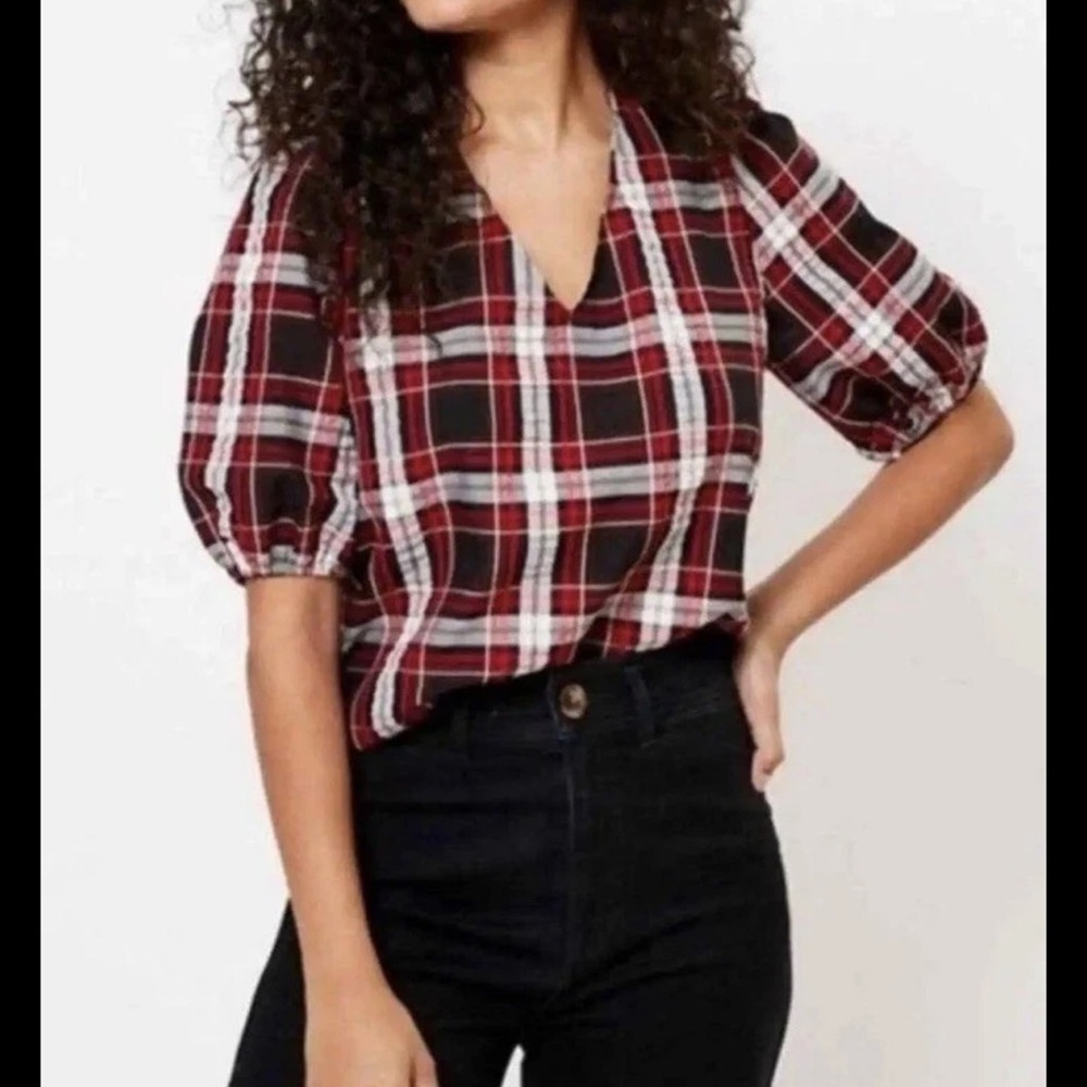 Loft Red Plaid Puff Sleeve Pullover Blouse Office Career Academia Medium New